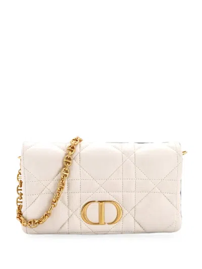 Pre-owned Dior Caro Flap Pouch With Chain Macrocannage Quilt Calfskin Mini Crossbody Bag In White