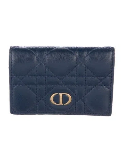 Pre-owned Dior Caro Glycine Cannage Pattern Compact Wallet In Blue
