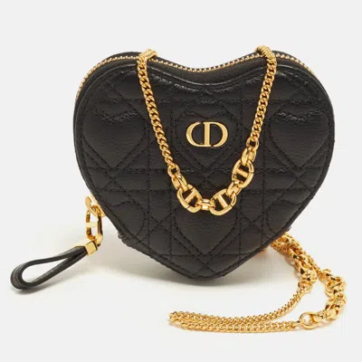 Pre-owned Dior Caro Heart Black Cannage Leather Pouch With Chain