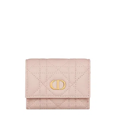 Dior Caro Hibiscus Wallet In Pale Pink