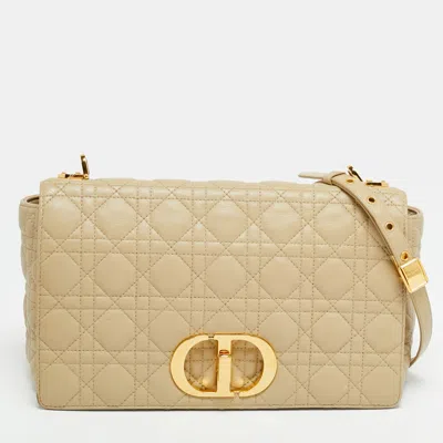 Pre-owned Dior Caro Large Beige Cannage Leather Shoulder Bag In Sand