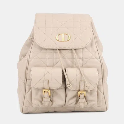 Pre-owned Dior Caro Macrocannage Backpack Powder Beige Lambskin Size Medium In Sand