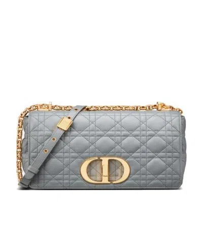 Dior Caro Medium Soft Cow Leather Rattan Plaid Shoulder Bag In Gray