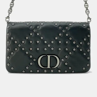 Pre-owned Dior Caro Star Studded Flap Shoulder Wallet Black Leather