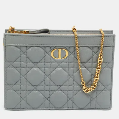Pre-owned Dior Caro Zipped Grey Cannage Leather Chain Pouch