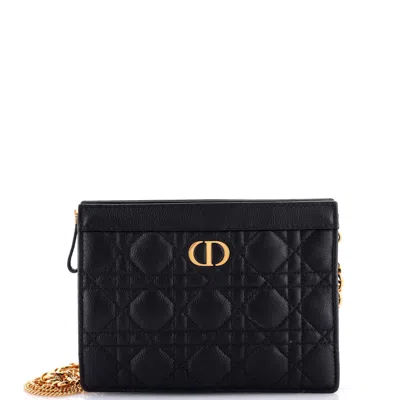 Dior Caro Zipped Pouch With Chain Cannage Quilt Leather In Black