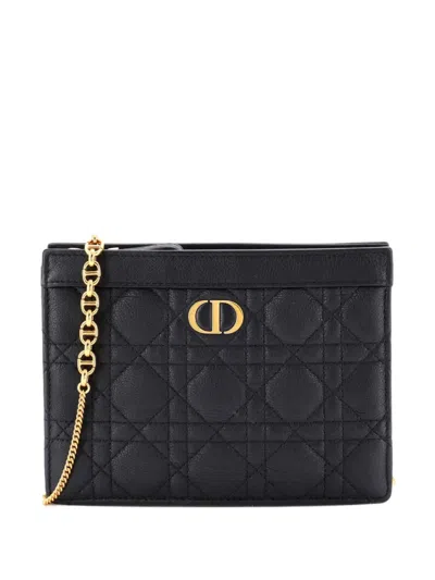Pre-owned Dior Caro Zipped Pouch With Chain Cannage Quilt Leather Shoulder Bag In Black