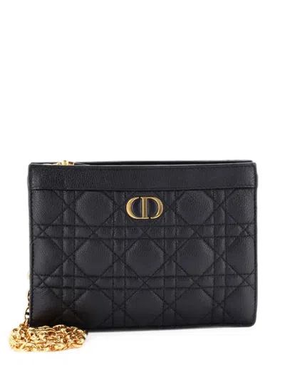 Pre-owned Dior Caro Zipped Pouch With Chain Cannage Quilt Leather Shoulder Bag In Black