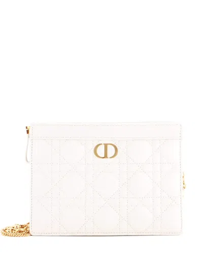 Pre-owned Dior Caro Zipped Pouch With Chain Cannage Quilt Leather Shoulder Bag In Neutral