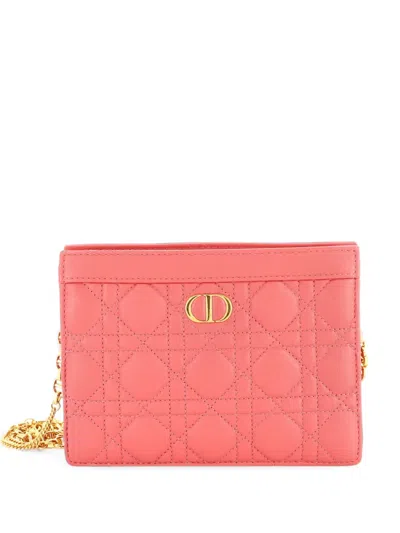 Pre-owned Dior Caro Zipped Pouch With Chain Cannage Quilt Leather Shoulder Bag In Pink
