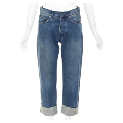 Pre-owned Dior Cd 01 Blue Denim Logo Tape Cuff Frayed Boyfriend Cropped Jeans Fr36 S