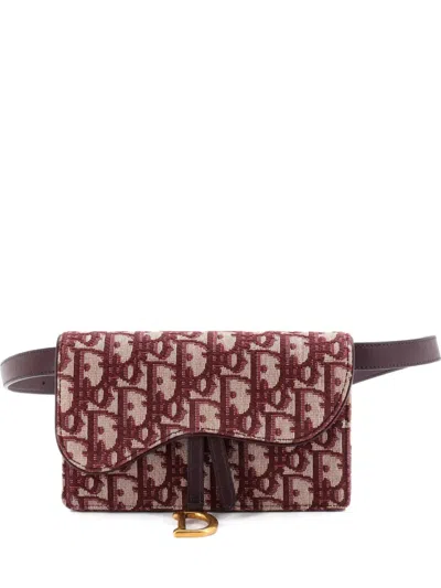 Pre-owned Dior Cd Buckle Saddle Oblique Canvas With Leather Belt Bag In Red