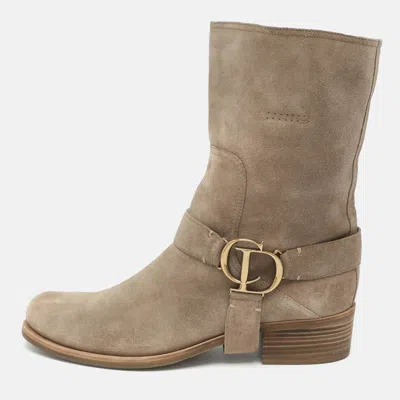 Pre-owned Dior Cd Buckle Size 41.5 Beige Suede Mid Calf Boots In Sand