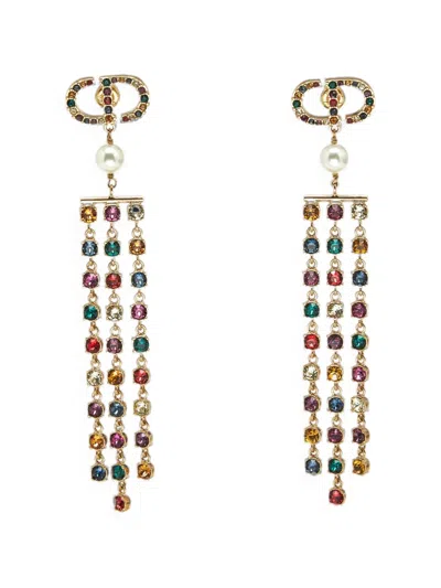Pre-owned Dior Cd Crystal Fringe-drop Earrings In Gold