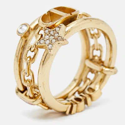 Pre-owned Dior Cd Crystals Gold Tone Logo Triple Ring Size 54