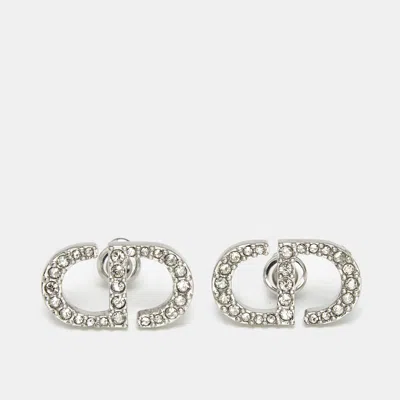 Pre-owned Dior Cd Crystals Silver Tone Stud Earrings