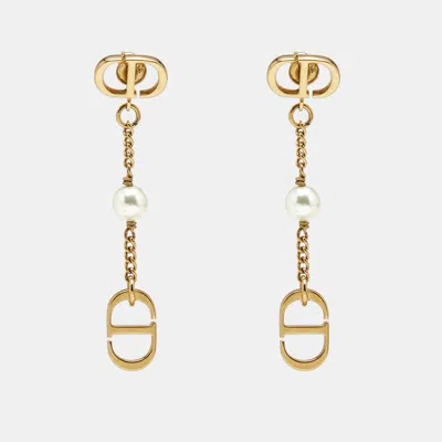 Pre-owned Dior Cd Faux Pearl Gold Tone Earrings