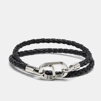 Pre-owned Dior Cd Icon Braided Leather Silver Tone Double Bracelet
