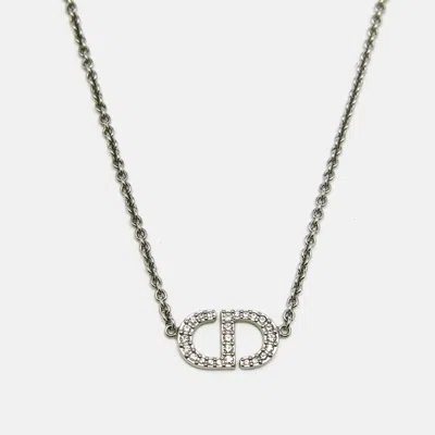 Pre-owned Dior Cd Logo Crystal Silver Tone Necklace
