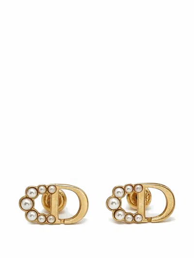 Pre-owned Dior Cd Logo Faux-pearl Earrings In Gold