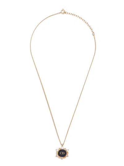 Pre-owned Dior Cd-logo Rhinestone Necklace In Gold