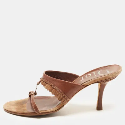 Pre-owned Dior Cd Logo Size 38 Brown Leather And Suede Fringes Slide Sandals