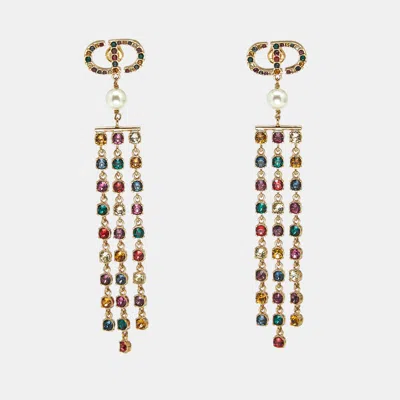Pre-owned Dior Cd Multicolor Crystal Faux Pearl Gold Tone Fringe Drop Earrings