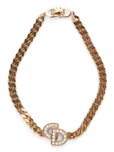 Pre-owned Dior Cd Rhinestone Chain Bracelet In Gold
