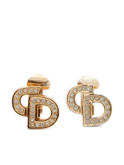 Pre-owned Dior Cd Rhinestone-embellished Earrings In Gold