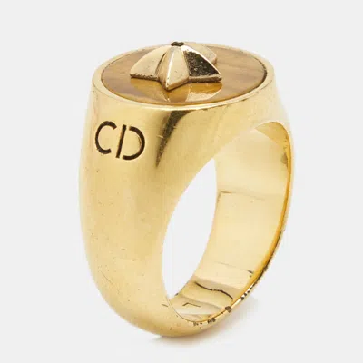 Pre-owned Dior Cd Tigers Eye Gold Tone Ring Size 53