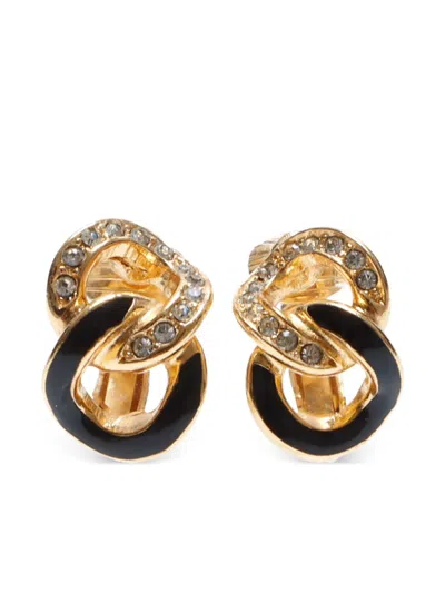 Pre-owned Dior Chain Rhinestone Clip-on Earrings In Gold