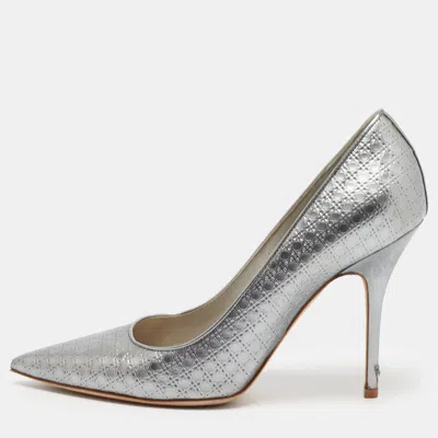 Pre-owned Dior Cherie Size 38.5 Metallic Silver Cannage Leather Pointed Toe Pumps