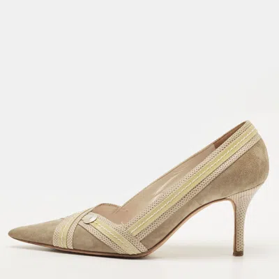 Pre-owned Dior Cherie Size 39 Two Tone Lizard Embossed Leather And Suede Pumps In Green