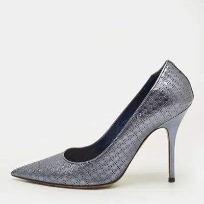 Pre-owned Dior Cherie Size 39.5 Metallic Blue Micro Cannage Leather Pointed Toe Pumps