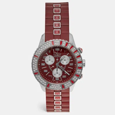 Pre-owned Dior Christal Cd11431br001 Red Dial Stainless Steel Rubber Diamond Women's Wristwatch 38 Mm
