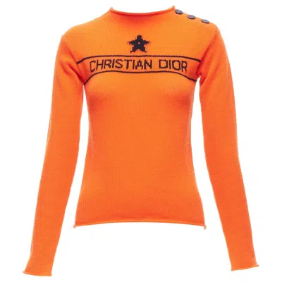 Pre-owned Dior Christian  100% Cashmere Orange Star Logo Long Sleeve Button Sweater Fr