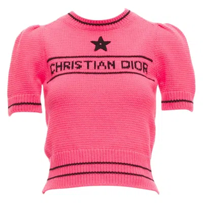 Pre-owned Dior Christian  100% Cashmere Pink Black Logo Puff Sleeve Crop Sweater Fr34