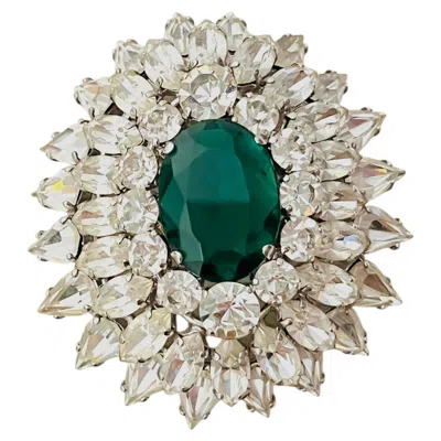 Pre-owned Dior Christian  1961 Large Emerald Green Marquise Crystal Circle Tear Drop Brooch