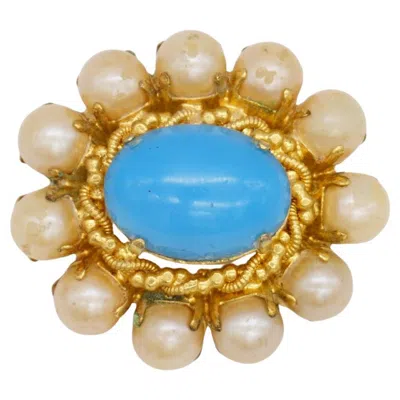 Pre-owned Dior Christian  1968 Vintage Gold Turquoise Blue White Pearls Cabochon Brooch