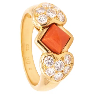 Pre-owned Dior Christian  1970 Paris Ring 18 Karats Gold With 1.96 Ctw Diamonds And Coral In Red