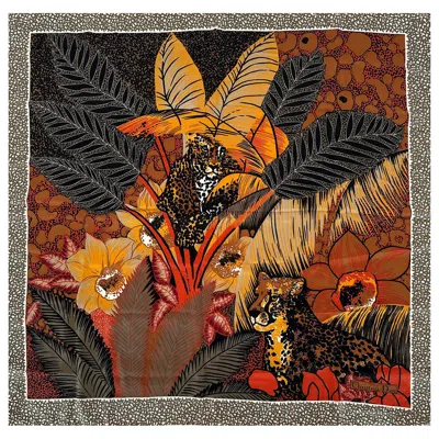 Pre-owned Dior Christian  1970s Silk Jungle Cat Scarf 34" X 34" In Brown