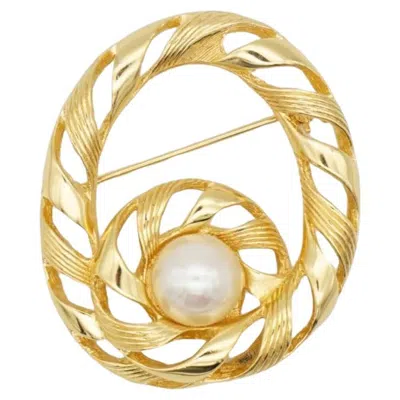 Pre-owned Dior Christian  1970s Vintage Large Gold Oval Swirl Round Pearl Chunky Brooch In Multi