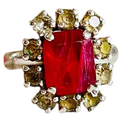 Pre-owned Dior Christian  1970s Vintage Ruby Red Charm Crystals Halo Silver Us 7 Ring