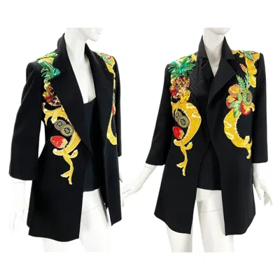 Pre-owned Dior Christian  1980's Numbered Beaded & Embroidered Long Blazer Jacket + Top In Black