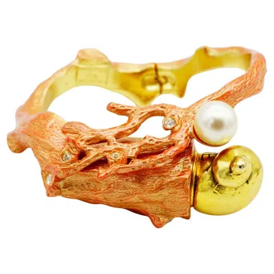 Pre-owned Dior Christian  1980s Gold Orange Reef Shell Pearl Crystals Chunky Cuff Bracelet