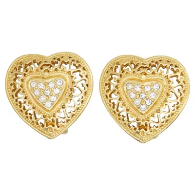 Pre-owned Dior Christian  1980s Vintage Baroque Gold Crystals Heart Openwork Clip Earrings In Multi