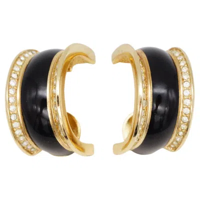 Pre-owned Dior Christian  1980s Vintage Crystals Black Enamel Domed Gold Hoop Clip Earrings