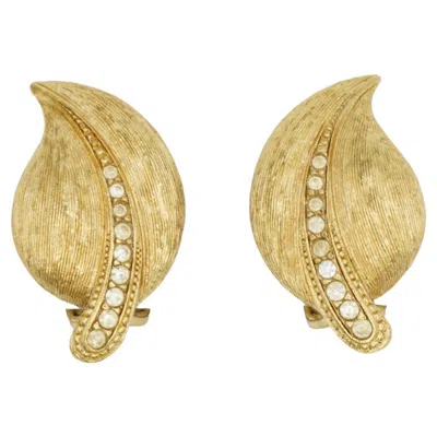 Pre-owned Dior Christian  1980s Vintage Gold Large Vivid Wavy Leaf Row Crystals Earrings In Multi