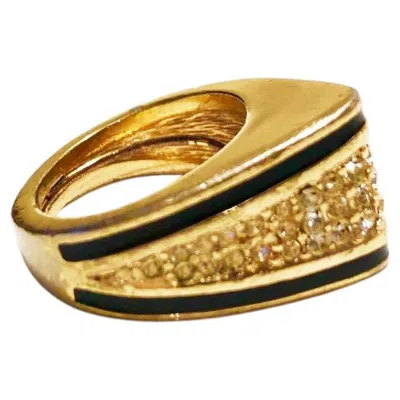 Pre-owned Dior Christian  1980s Vintage Gold Tone Enamel Crystal Cusp Ring In Brown