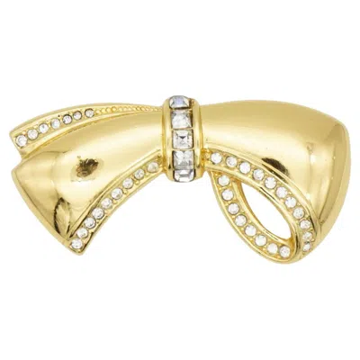 Pre-owned Dior Christian  1980s Vintage Large Gold Ribbon Knot Bow Openwork Crystals Brooch In Multi
